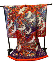 KIMONO UCHIKAKE Japanese Wedding Bridal Pure Silk Gold Red Blue Embroidery Crane