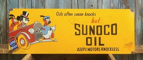 Large Vintage Sunoco Oil Porcelain Metal Sign Mickey Mouse, Donald Duck, Pluto
