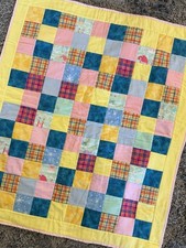 Handmade Patchwork Baby Quilt Blanket Mermaid Castle Pink Yellow Teal 34" x 40"