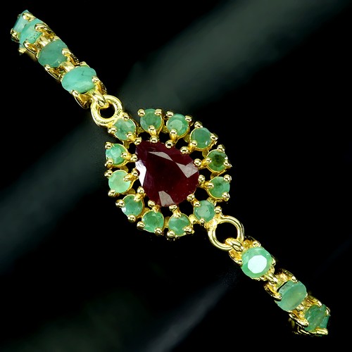 925 Sterling Silver Bracelet Pear Ruby 8x6mm Emerald Gemstone Jewelry 7.5 Inches - Picture 2 of 13