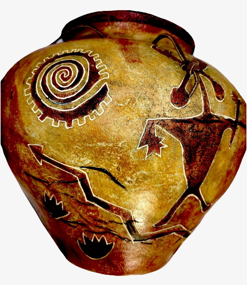 Wall Vase Pottery Textured Glaze Leather Trim 9x10 “ - Image 3 of 4