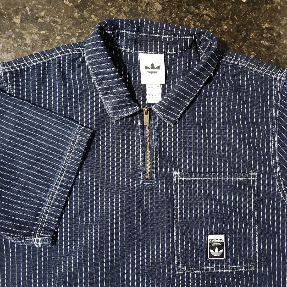 Adidas Wabash Loose Pinstripe Denim Jean Half Zip Shirt Workwear