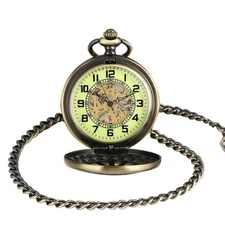 Luxury Classic Mens Pocket Watch Mechanical Black Steampunk Skeleton with Chain