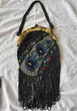 Beautiful Vintage Black Beaded Purse with Blue Flowers