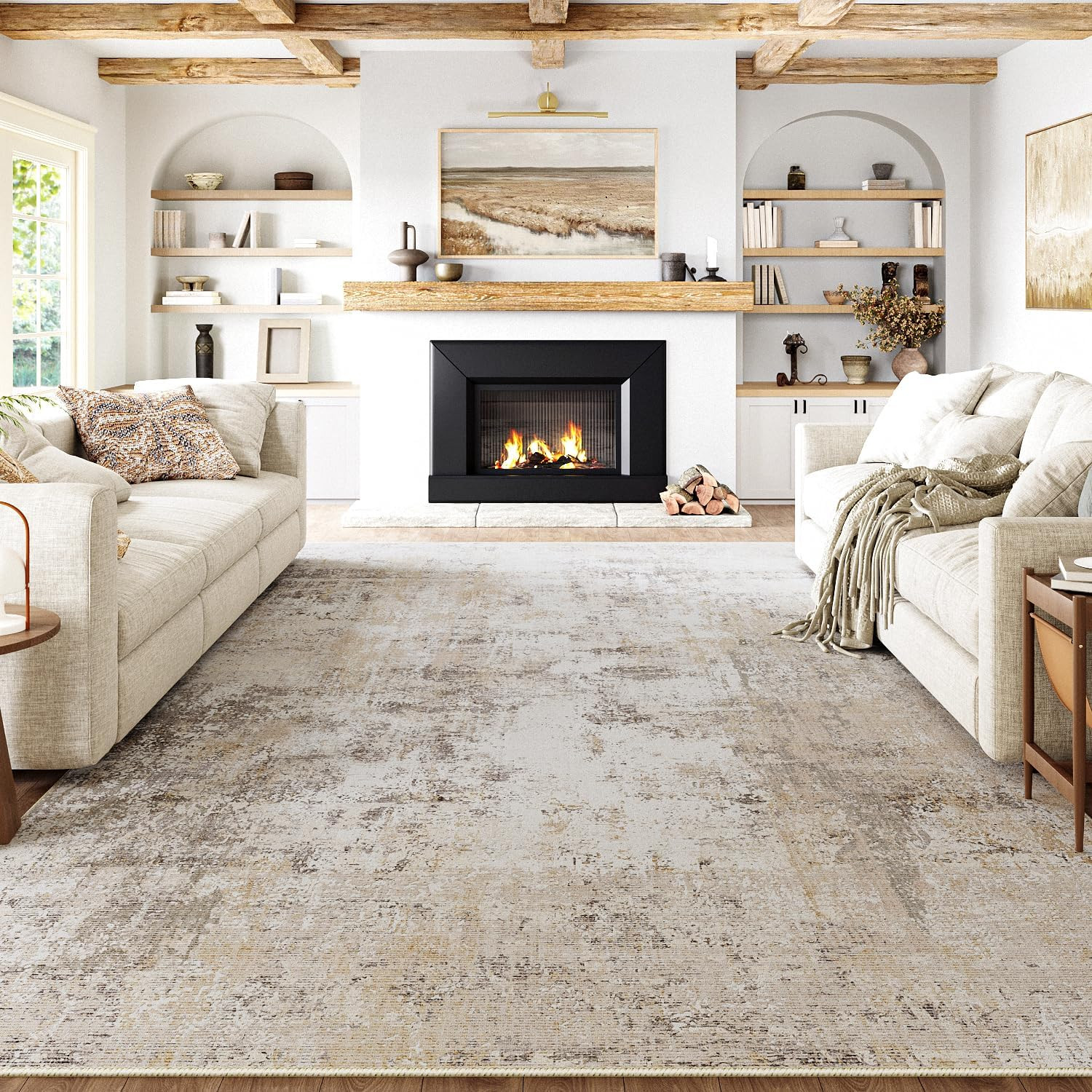 8X10 Washable Area Rug Beige Grey Abstract Non Slip Soft Low Pile Rug for Living