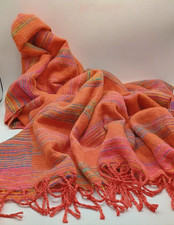 Himalayan Yak Wool Nepal Handmade Fringed Wrap Shawl Orange Blues Pink Gorgeous