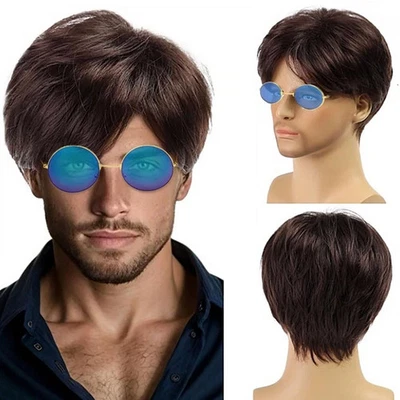 TSHAOUN Kurze braune geschichtete natürliche Kunst-Cosplay-Haarperücke für Herren - 70er 80er Disco Cur
