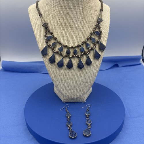 Lapis Lazuli Necklace Earring Set Boho Tribal Blue Stone Beaded 18”