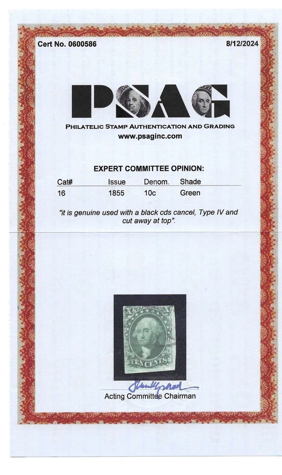 EAS_STAMPS US #16 USED W/ CERTIFICATION SCV $1,700.00 - Image 2 of 2