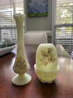 Authentic Handmade Vintage Fenton Custard Glass Bud Vase and Fairy Lamp