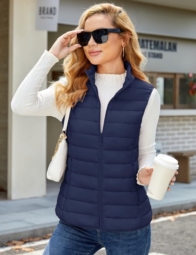 Women's Puffer Vest Lightweight Stand Collar Zip Sleeveless Quilted Padded Coats - Picture 20 of 34