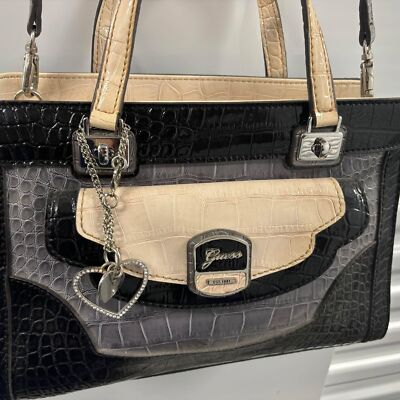 Guess Newlyn Croc Embossed Black Gray Cream Handbag Crocodile