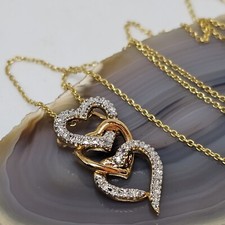 JCM Diamond Heart Trio Pendant Chain Necklace Gold Plate 925 Silver Vermeil