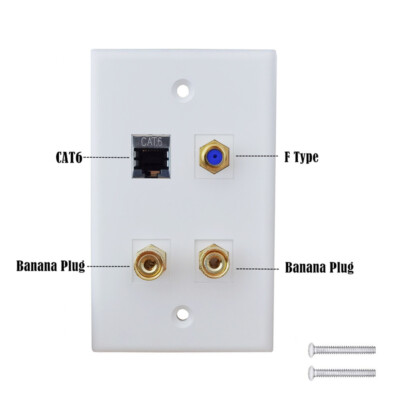 4 Port Wall Plate Banana Jack Cat6 Ethernet Coax TV F Type Panel Outlet Adapter