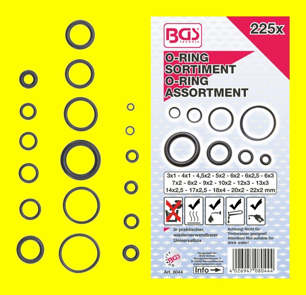 BGS 8044 Sortiment O-Ringe Gummiringe Dichtungsringe Metrisch 225 Teilig NEU-image