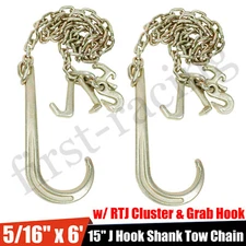 2 PCS 15" J Hook Tow Chain 5/16" x 6' Long Shank w/ RTJ Cluster + Grab Hook