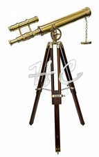 18" Brass Nautical Marine Double Barrel Navy Telescope With Wooden Tripod Stand