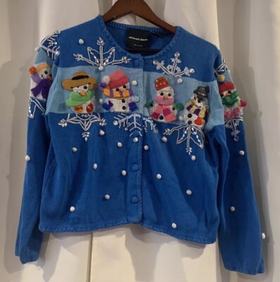 Vintage Michael Simon Cardigan Sweater Size Medium Snowman Christmas Holiday
