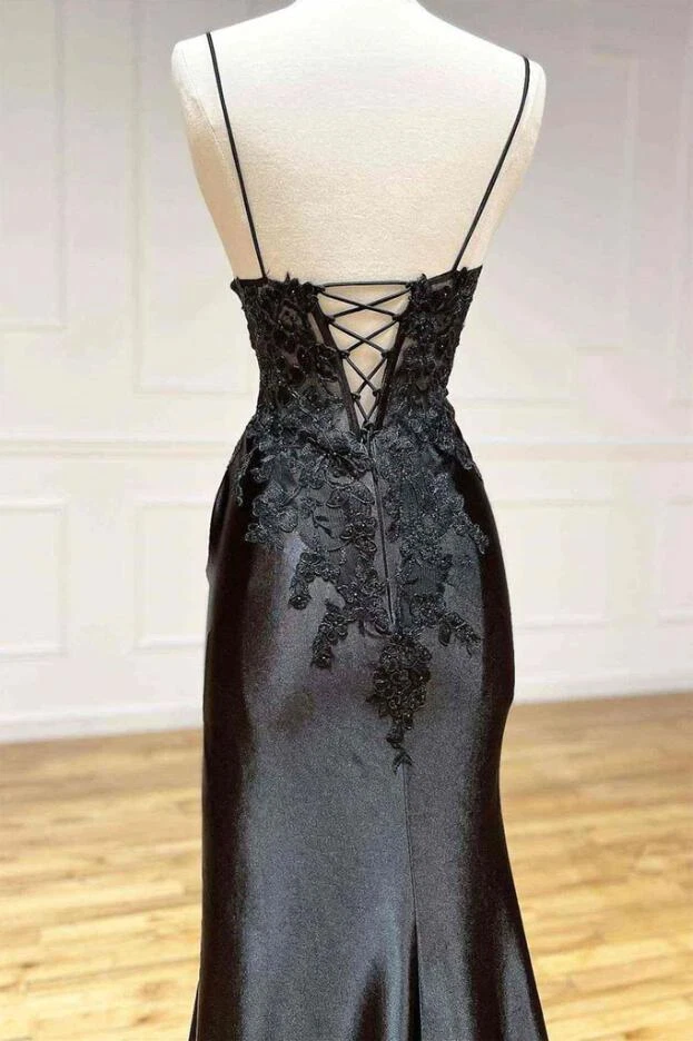 Black Wedding Dresses Spaghetti Straps Sexy Side Split Mermaid Bridal Gowns - Image 3 of 4