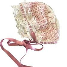Handmade VTG Ecru Crochet Baby Bonnet Lined Satin Ruffle Pink Satin Ties Newborn