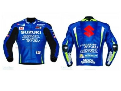 Veste En Cuir De Moto Suzuki - Armure CE - Bleu - Taille Ajustable - Neuf Avec étiquettes