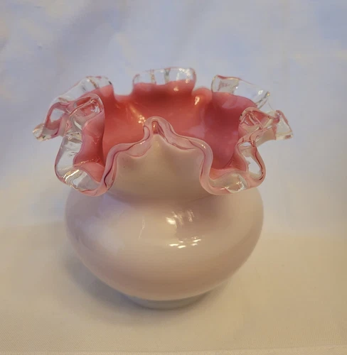 Vintage Fenton Silver Crest Milk Glass With Pink Ruffled Rim Vase