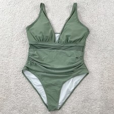 Olive Green Ruched One Piece Swimsuit Mesh Inset V-Neck Adjustable Straps XL