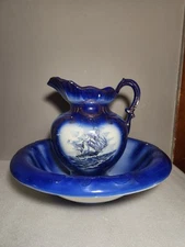 Vintage Large Blue & White Ceramic Pitcher & Wash Basin Image of Large Sailboat 