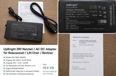 UpBright Netzteil 29V 2,2A HW-115W-292200 für Recliner/Lift Chair SP2-B