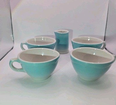 Vtg Shenango China 6 oz Teacups Set Of 4 PLUS  Sterling China Creamer Turquoise