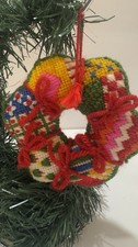 Vintage needlepoint embroidered Christmas Wreath ornament double-sided Puffy
