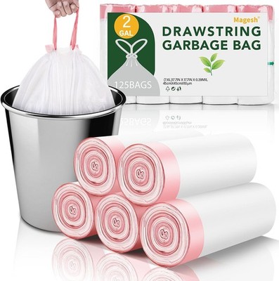 Small Trash Bags Bathroom 2 Gallon - Drawstring Kitchen Garbage Bag 125 Count
