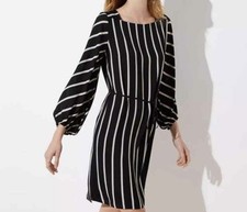 LOFT Striped Mini Dress Women's Size PM Black Cream Square Neck Long Sleeve