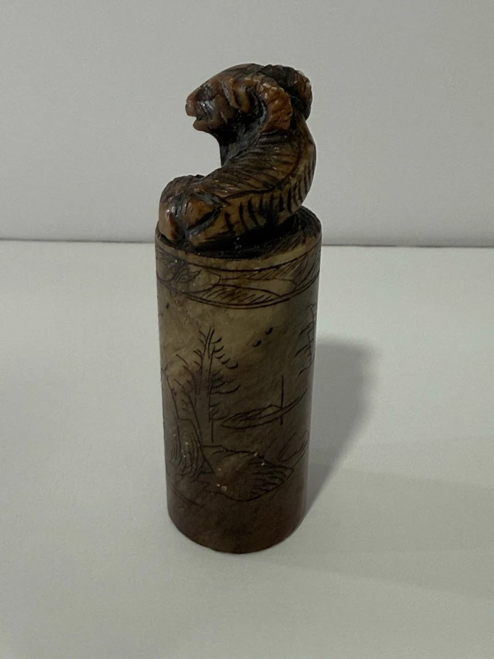 Selo de carneiro antigo chinês esculpido em animal do zodíaco pedra-sabão - Imagem 2 de 4