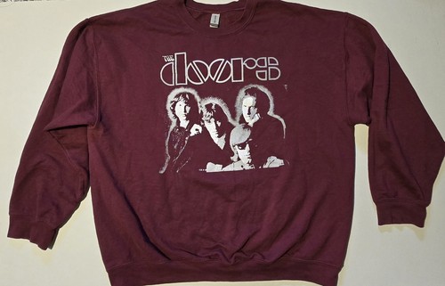The Doors maroon Gildan sweatshirt featuring a white graphic print of The Doors
