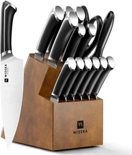 Knife Set with Block, Kitchen Knife Set 15-Piece with Sharpener - High Carbon
