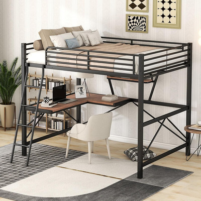 Loft Bed Full Size with Desk and Shelf, Metal Bedframe with Removable Ladder and