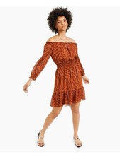 BAR III DRESSES Womens Brown Chiffon Flounce-hem Sleeve Short Dress L