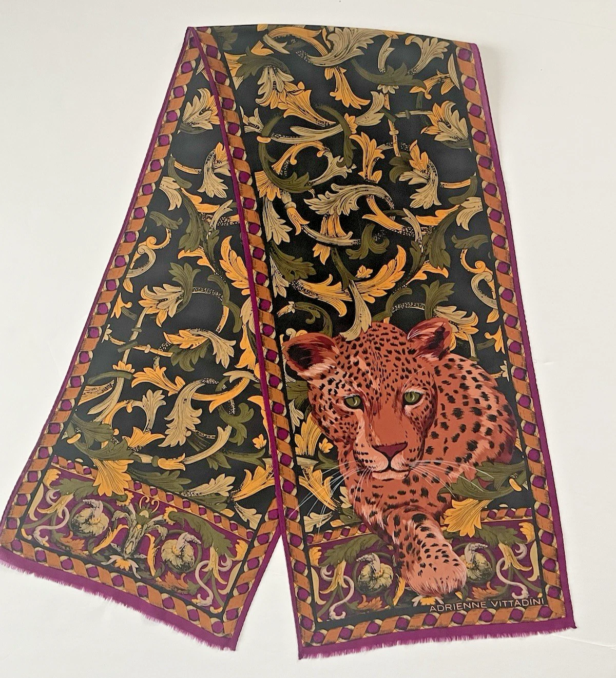Scarf Adrienne Vittadini Silk Leopard Cheetah Rectangular 11" x 51" Raw Ends