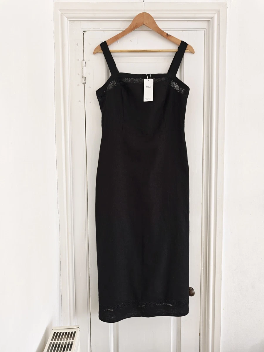 knee length dresses for ladies Marks & Spencer Stretch Linen Wrap Midi Dress in Black & White – Seasons  Fashion main image 1