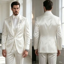 Satin Silk Pearl Men Suits Peak Lapel Wedding Crystal Tuxedo Prom Elegant Party