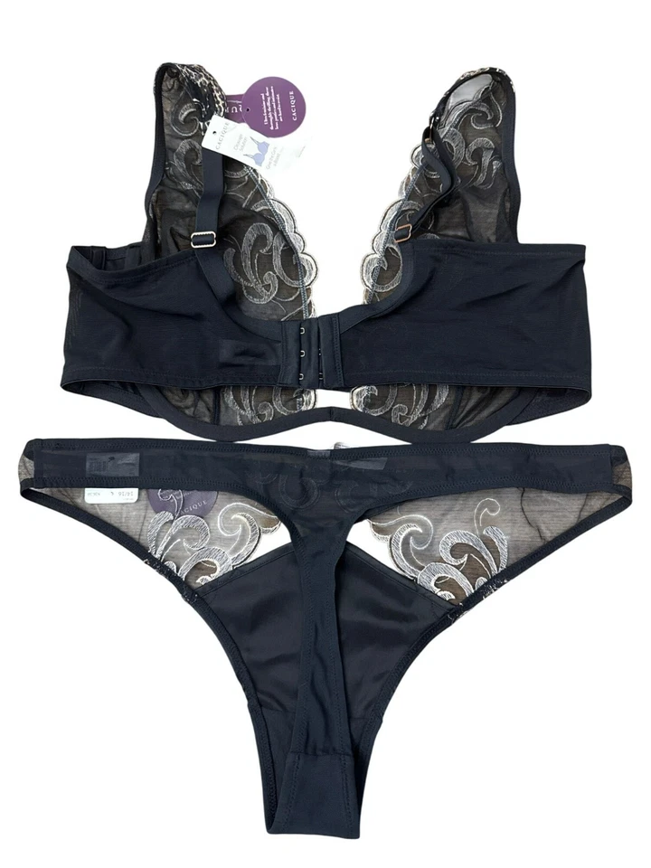 Sujetador de encaje negro Cacique 40D Tanga Panty 14/16 Conjunto de lencería de leopardo dorado Nuevo con etiquetas Foto 2 de 4