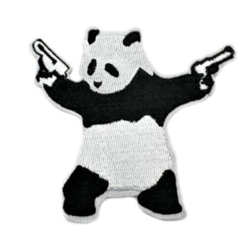 PANDA WITH GUNS IRON ON PATCH 3" Embroidered Applique Pistols Black White Banksy - Picture 1 of 2
