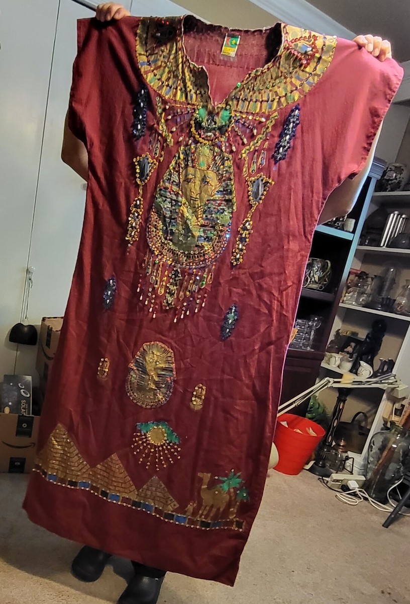 Egyptian Tut Caftan/Moo Moo Burgundy Dress, Beads Sequins Pearls Made in Egypt. View 6