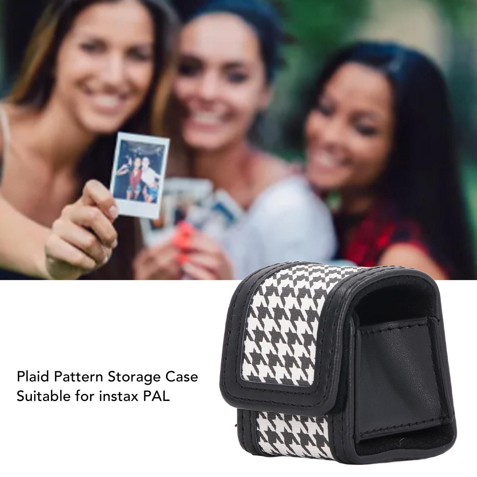 Instant Camera Bag Stylish Plaid Pattern PU Protective Carrying Case with Hand-image