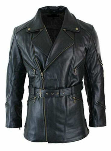Men's Black Cow-Hide Leather 3/4 Biker Jacket with Long Coat Style