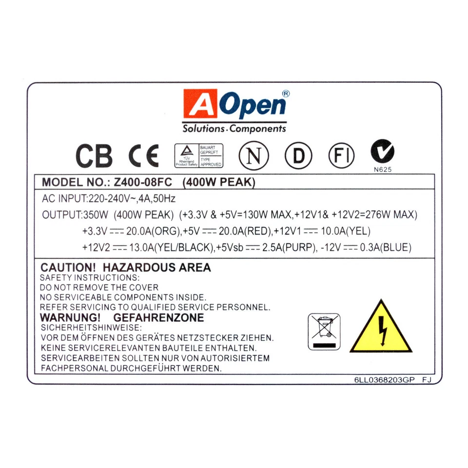 Power Supply AOPEN Z400-08FC 350W ATX 20+4-PIN SATA MOLEX FDD ATX12V - Image 3 of 3