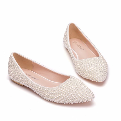 Damen Weiß PerlenSchwanger Schwanger Flache Schuhe Braut Hochzeit Brautschuhe - Bild 19 von 27