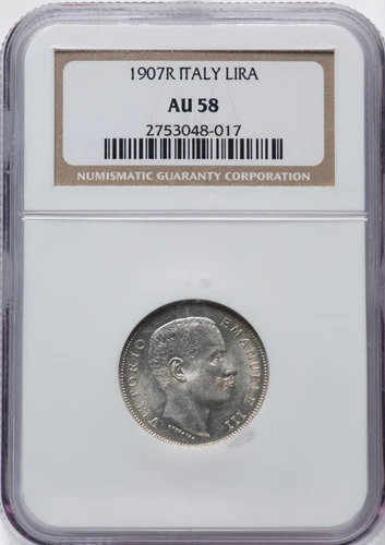 ITALY KINGDOM  1907-R 1 LIRA SILVER COIN ALMOST UNCIRCULATED, NGC CERTIFIED AU58