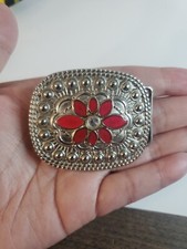 Western cowgirl rectangular belt buckle Rhinestone Pink Enamel Flower 2.5X2"